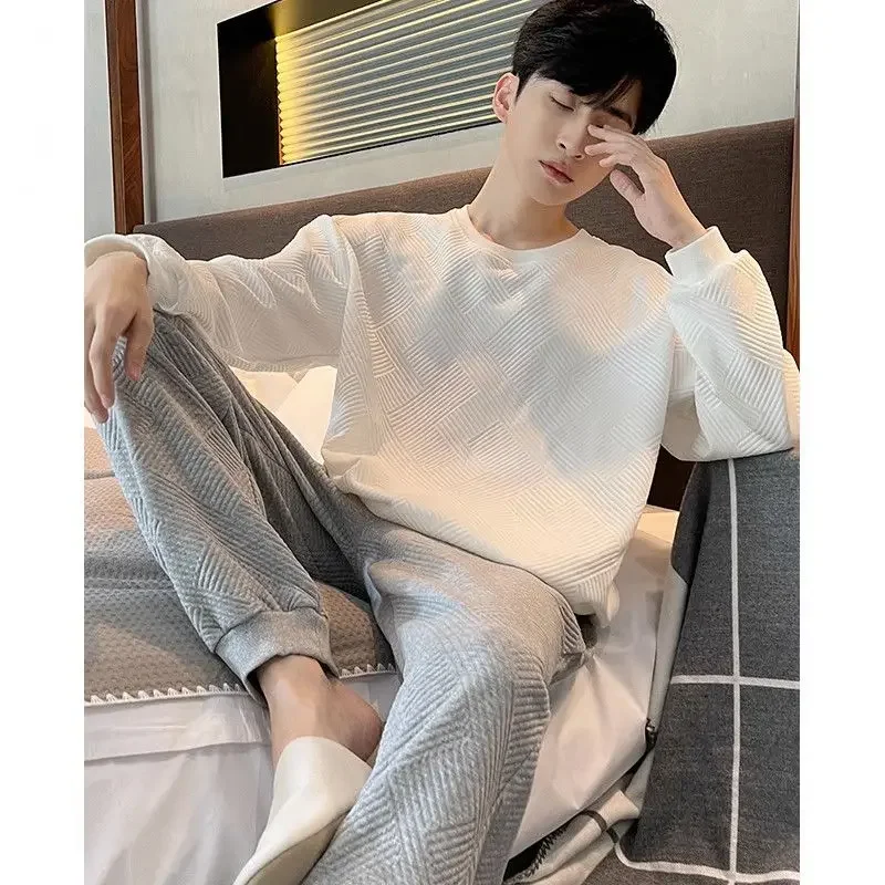 Spring Autumn Long Sleeve All Cotton Can Worn Outside Men's Plus-size Loose Loungewear Casual Suit Pure Cotton Gentleman Pajamas