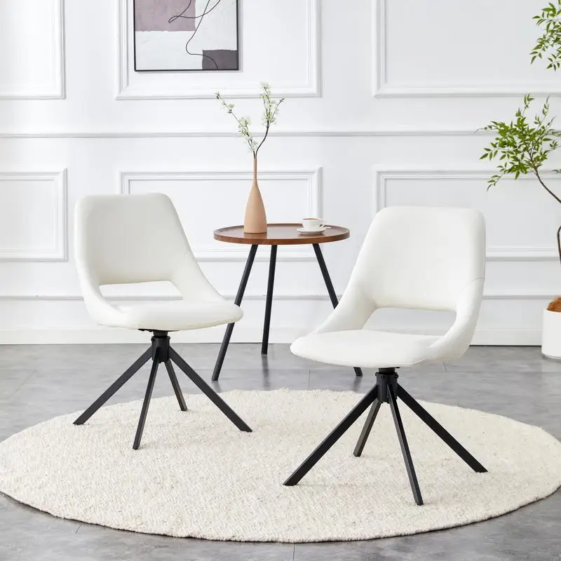 Set of 2 Swivel Dining Chairs, Comfortable Metal Kitchen Chrs, Gold Mesh Scratch-Resistant Leather, High Back Design, White