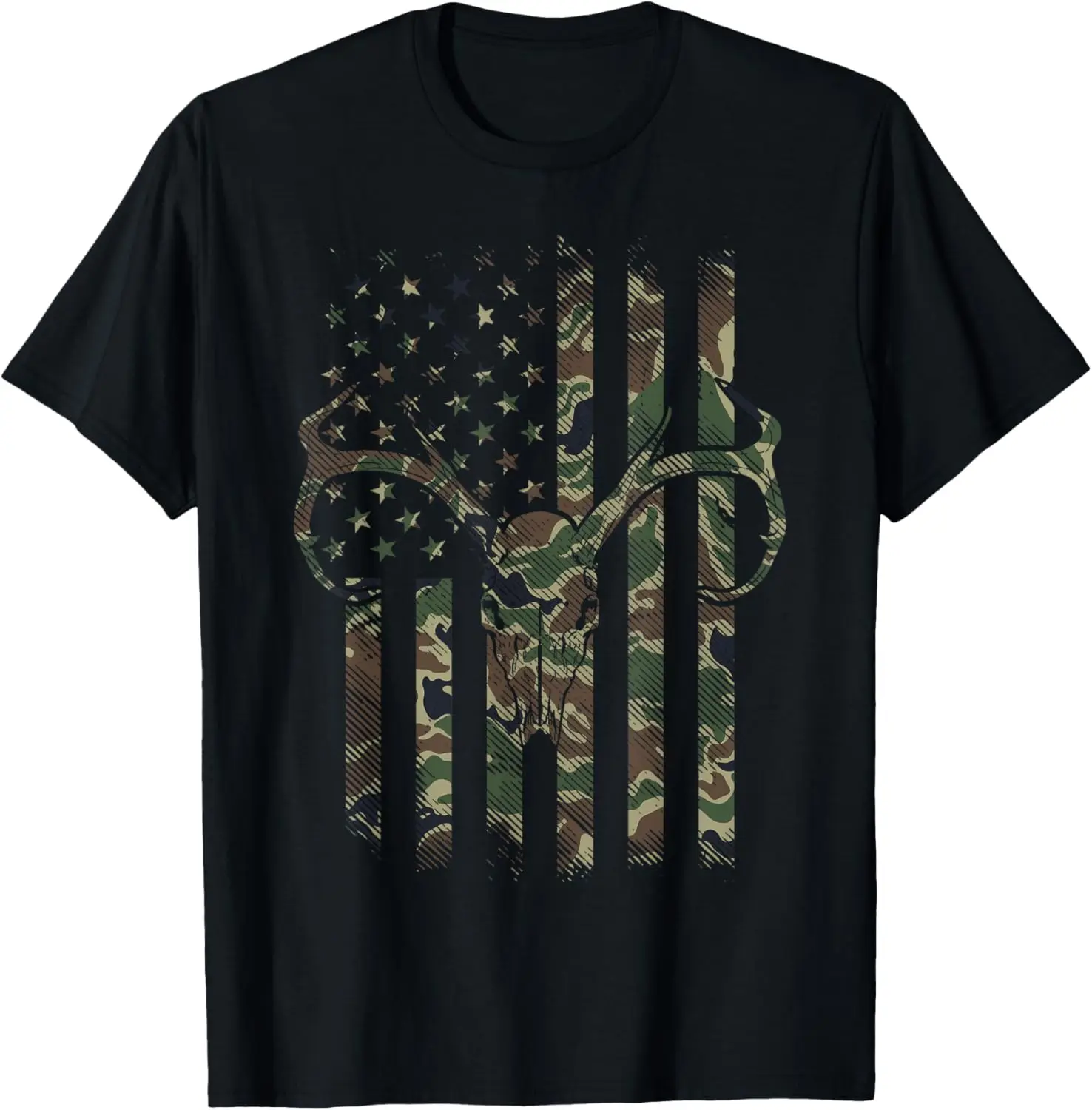 Camo American Flag Deer Skull Elk Hunting USA Hunter Gift T-Shirt