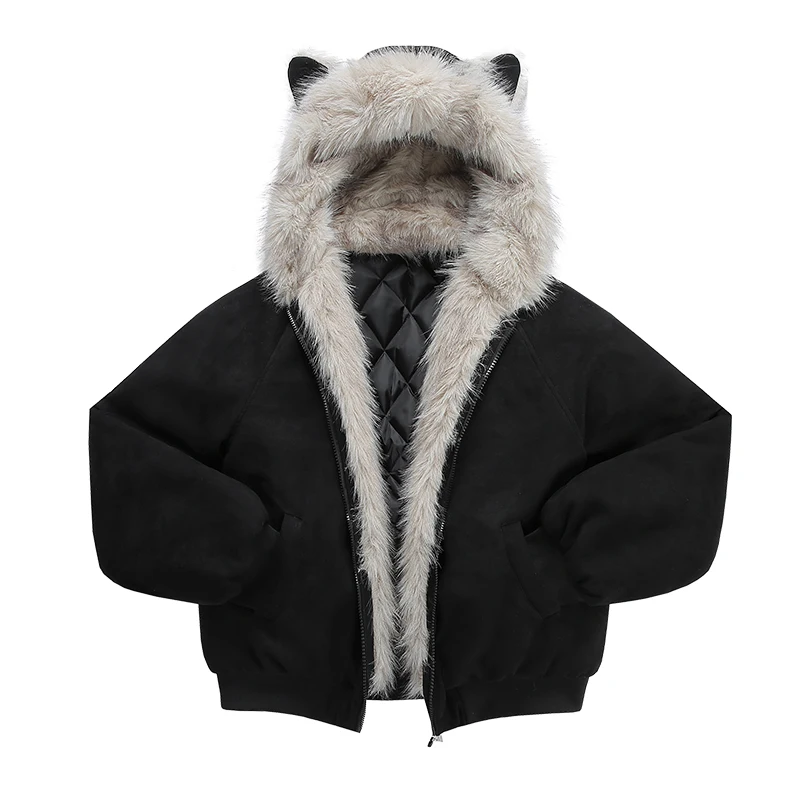 

Streetwear Hooded for Both Men and Women for Casual Wear Winter Plush Warm Cat Ears Zipper Jacket Coat Vintage Male Outwear