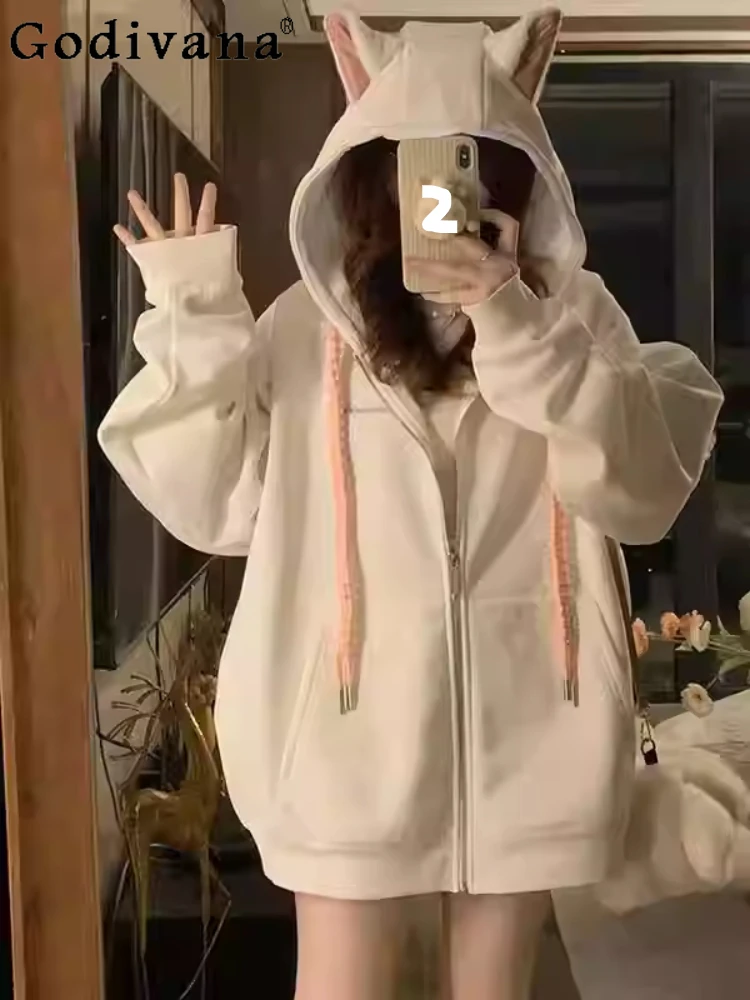 

Women Autumn Winter Large Size Loose Velvet Cute Hooded Coat Fashion Versatile Age-reducing Thickened Long-sleeved Korean Top