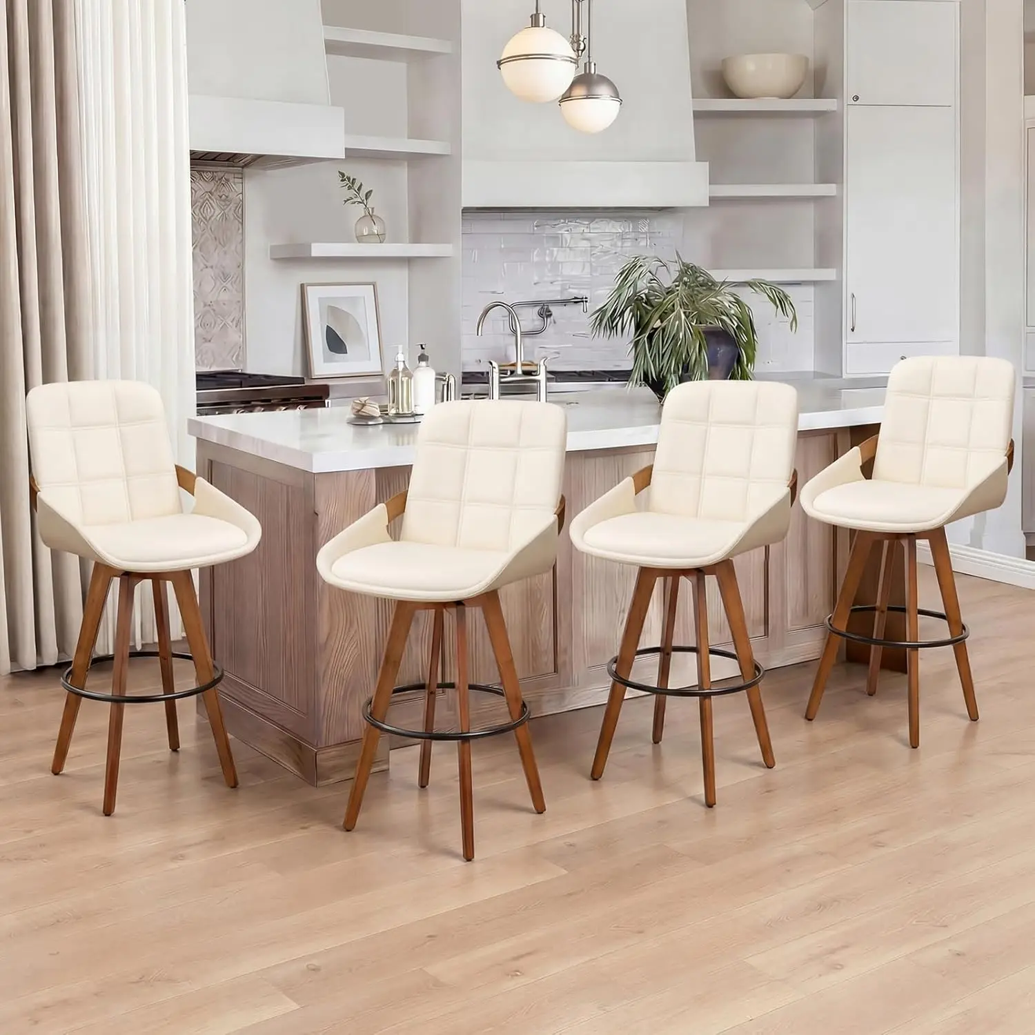 

Mid Century Swivel Bar Stool Set 29in Faux Leather Bentwood Back Arm Bamboo Leg Walnut Kitchen Island Beige, Customized