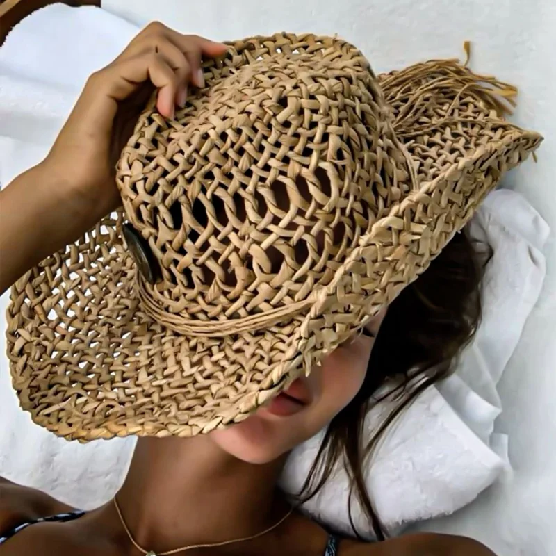 Vintage Sommer Strand Bohemian Strohhut für Damen und Herren, Western Cowboyhut mit Holzperlen, Ausgehöhlter Sonnenhut, Urlaubskappe