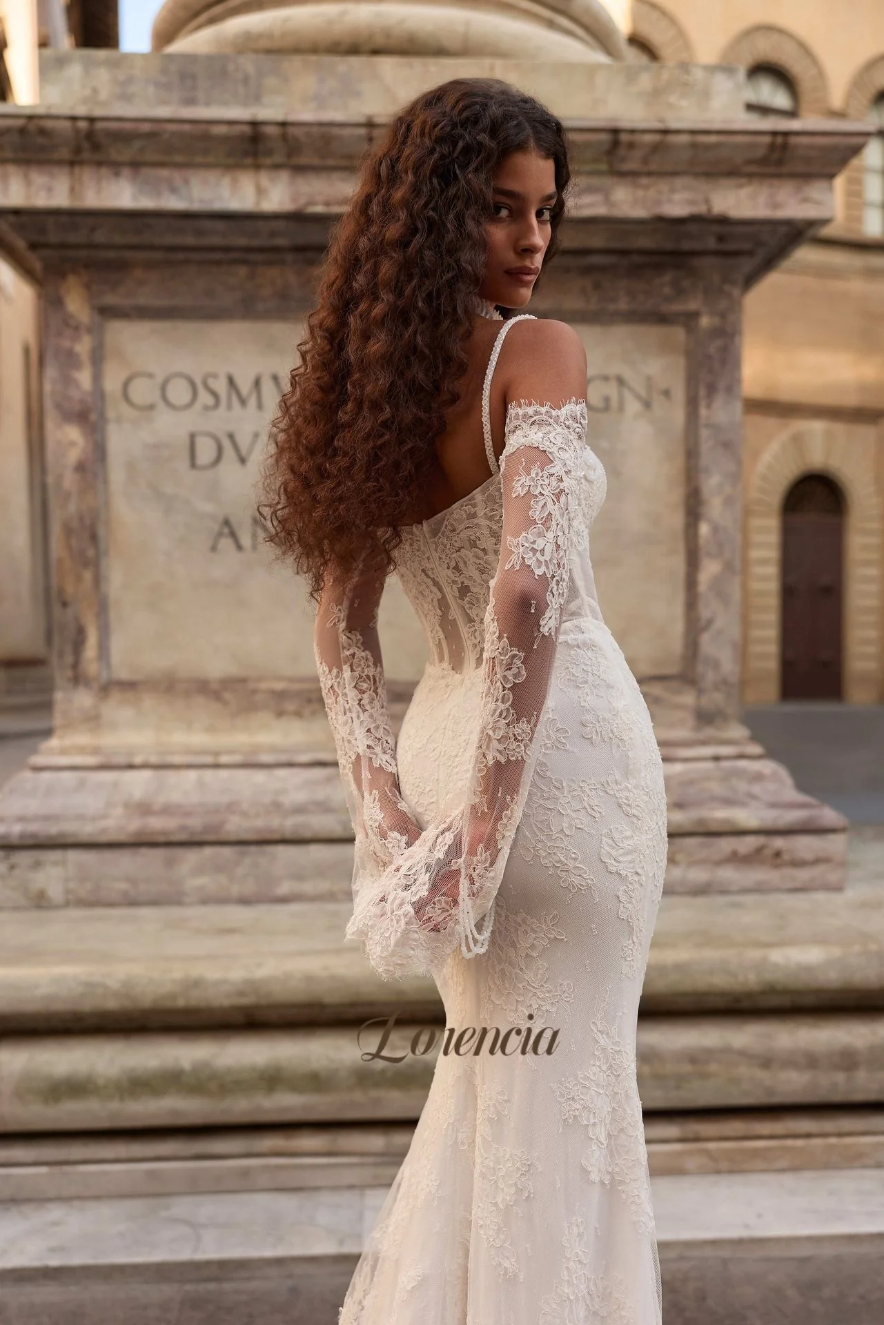 Lorencia Spaghetti Straps Lace Mermaid Wedding Dresses with Sheer Long Sleeves Boned Basque Fitted Bridal Gowns Customized