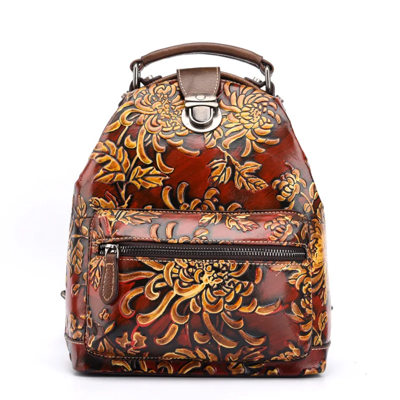 Vintage Women Genuine Leather Backpack 3D Embossed Floral Real Cow Leather Travel Bags Multifunctional Anti-theft Tote Bag