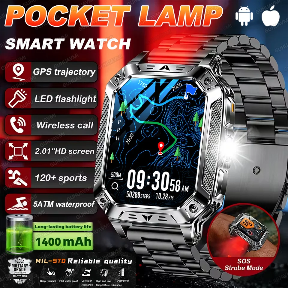 

2026 New 1400mAh Large Battery Smart Watch GPS trajectory 5ATM Waterproof Sports Run tracker Dual-color Lamp Military Smartwatch