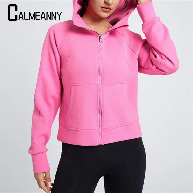 2024 Autumn Winter Zipper up Hoodies Woman Clothing Thick Sweatshirts Warm Solid Color Long Sleeve Hooded Tops Outerwear Coats