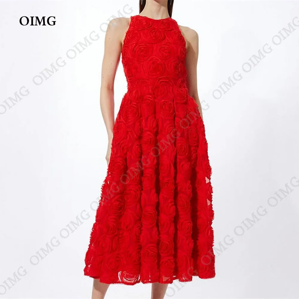 OIMG 3D Red Rose Flowers Fashion O Neck A-line Formal Occasion Gown Evening Dress Sleeveless vestido terracota longo madrinha