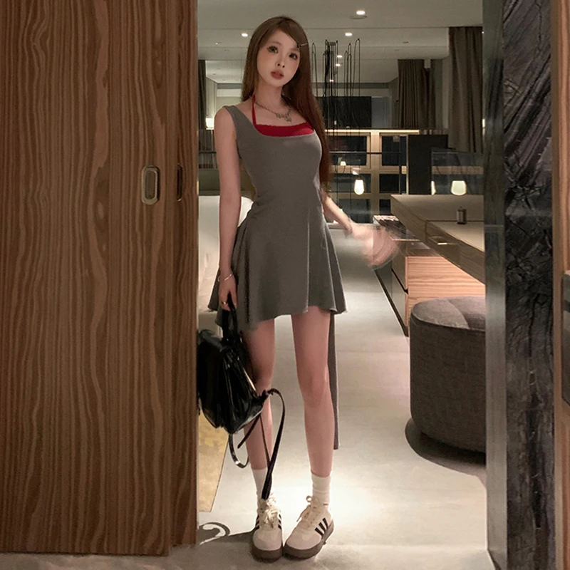 Women Irregular Sleeveless Fake Two-piece Color-block Casual Mini Dress