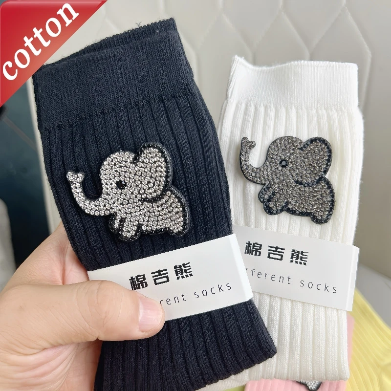 Ladies' Socks Korean Rhinestone Elephant Creative Kawaii Sweet Cute Fashionable Trendy Personalized Funny Cotton Socks For Girl