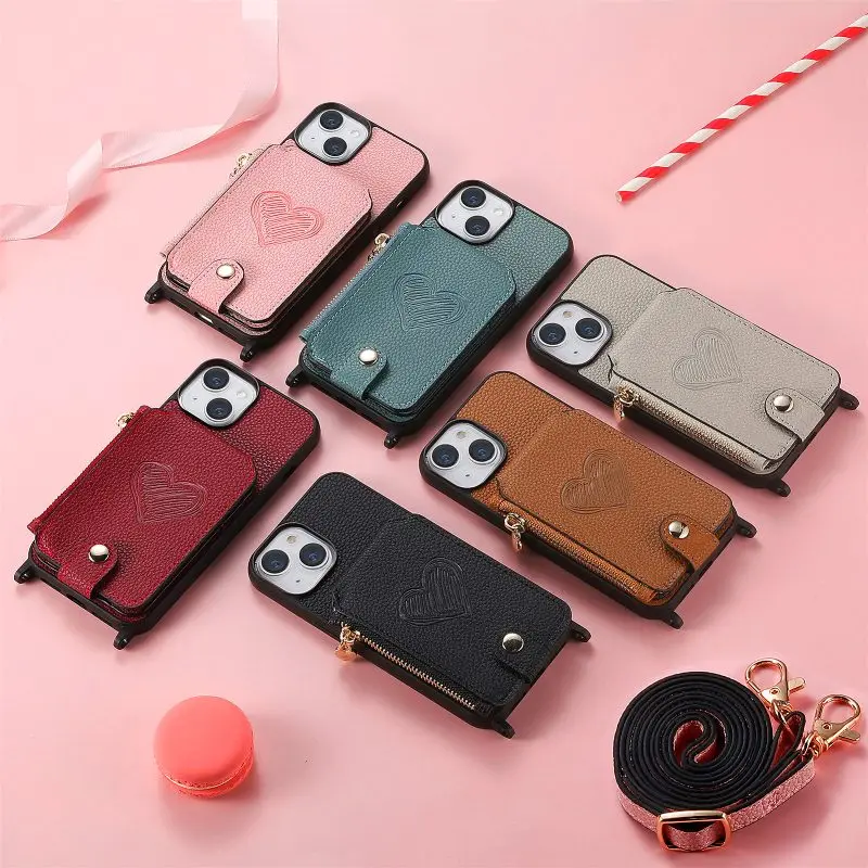 The Back Flip Wallet Card Leather Heart Phone Case For iPhone 15 14 Plus 13 12 11 Pro Max Removable Shoulder Strap Phone Bag