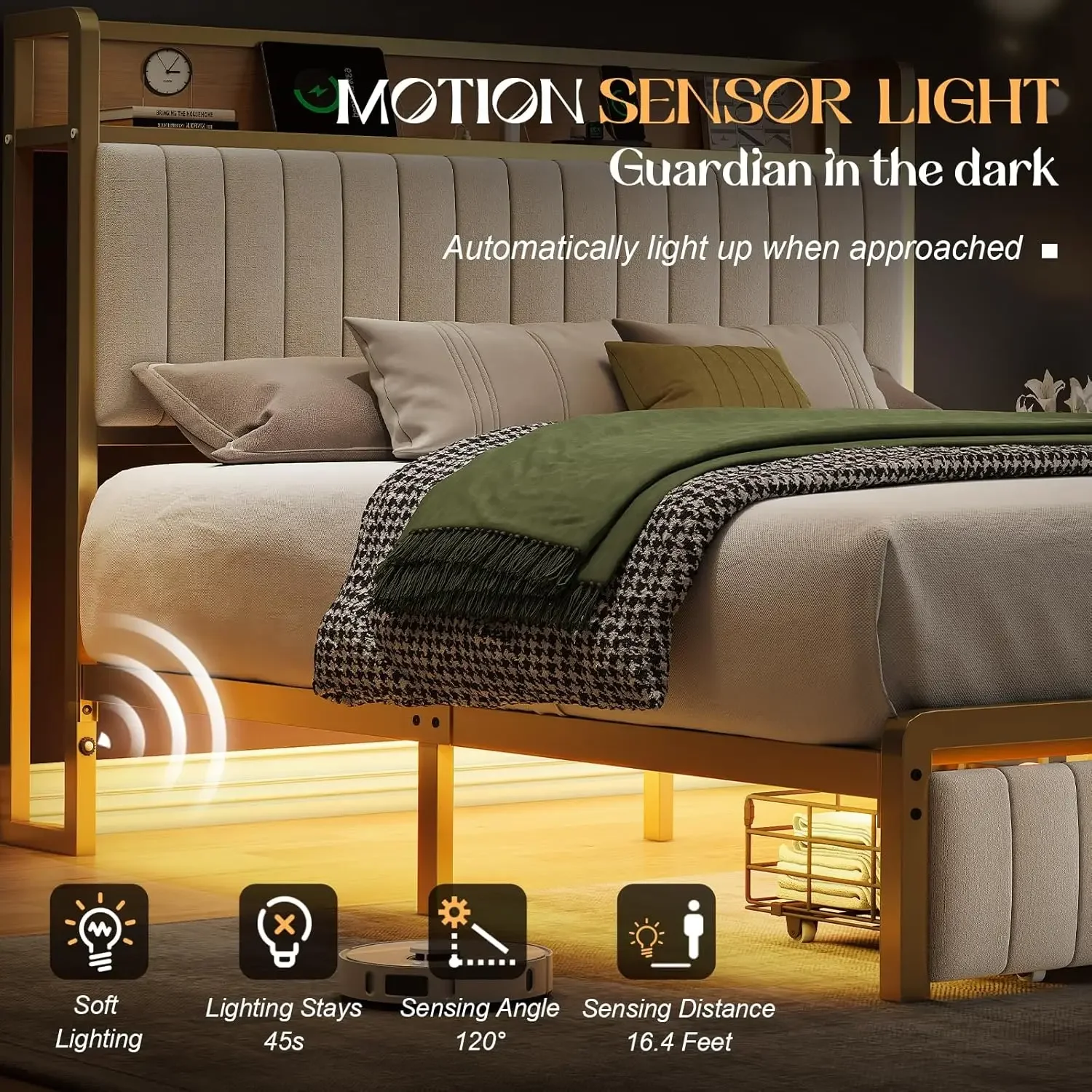 Full Size Bed Frame with Motion Activated Light, LED Platform Bed with Integrated Drawer and Storage Headboard, Charging Station