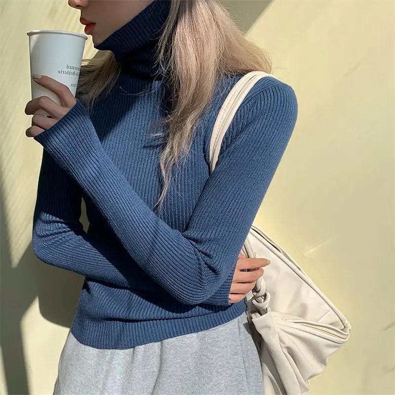 Winter Knitted Western Style Turtleneck Long Sleeves Heaps Collar Finger Fit Design Tight Sweater Women