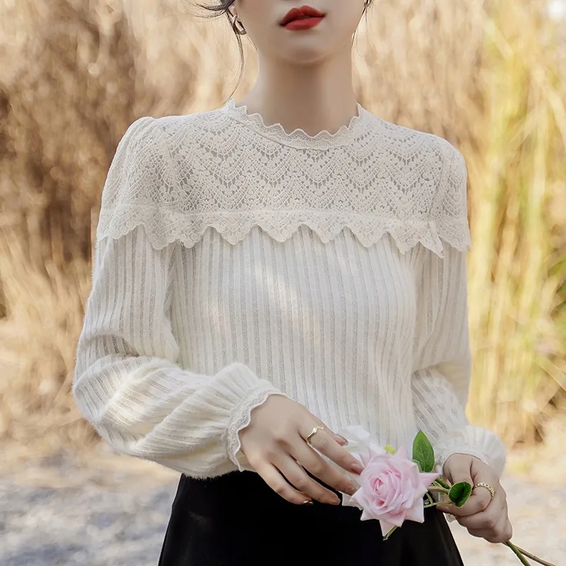 

Casual Women's Blouses Knitwear Lace Patchwork Vintage Shirts Loose Spring/Summer Clothing Long-sleeved Ruffles Women Tops