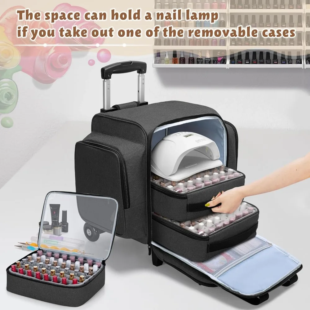 

Rolling Nail Polish Organizer Holds 144 Bottles, Nail Polish Case with a Detachable Dolly and 3 Removable Cases