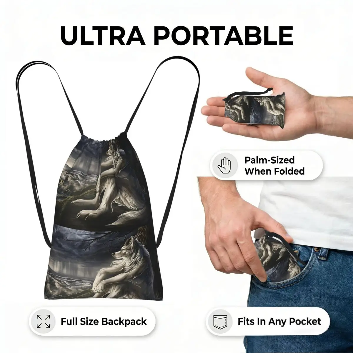 Emo White Wolf Sitting Sad Meme Drawstring Backpack Sports Gym Bag Portable Travel Drawstring Bag for Men Women