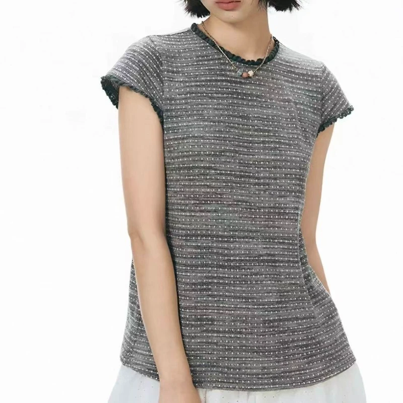 Y2k Aesthetic Color Stripe Vintage T-shirt Women Streetwear Grunge Lace Patchwork Bodycon Tshirts Summer Streetwear Casual Tees