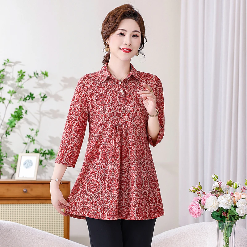 European Printed Plus Size Shirt With Classical Pattern Lapel Blouse 2024 Cardigan Short Sleeved Women\'s Shirt New Casual Top