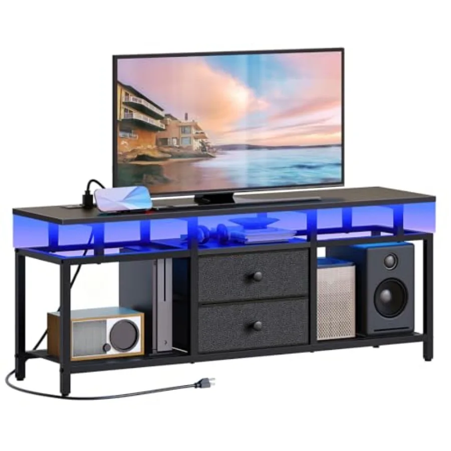 

TV Stand with LED Light and Power Outlets Entertainment Center in Brown Fabric Drawers and Open Shelves for TVs up to 45 Inch M