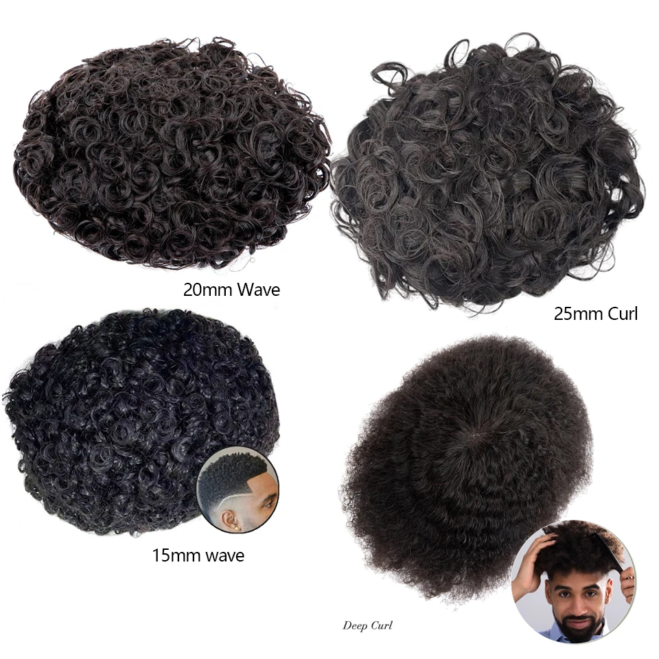 20mm Curl French Lace & PU Toupee For Men Natural Color Indian Human Hair Replacement System Wavy Hair Prostheses Men Wig