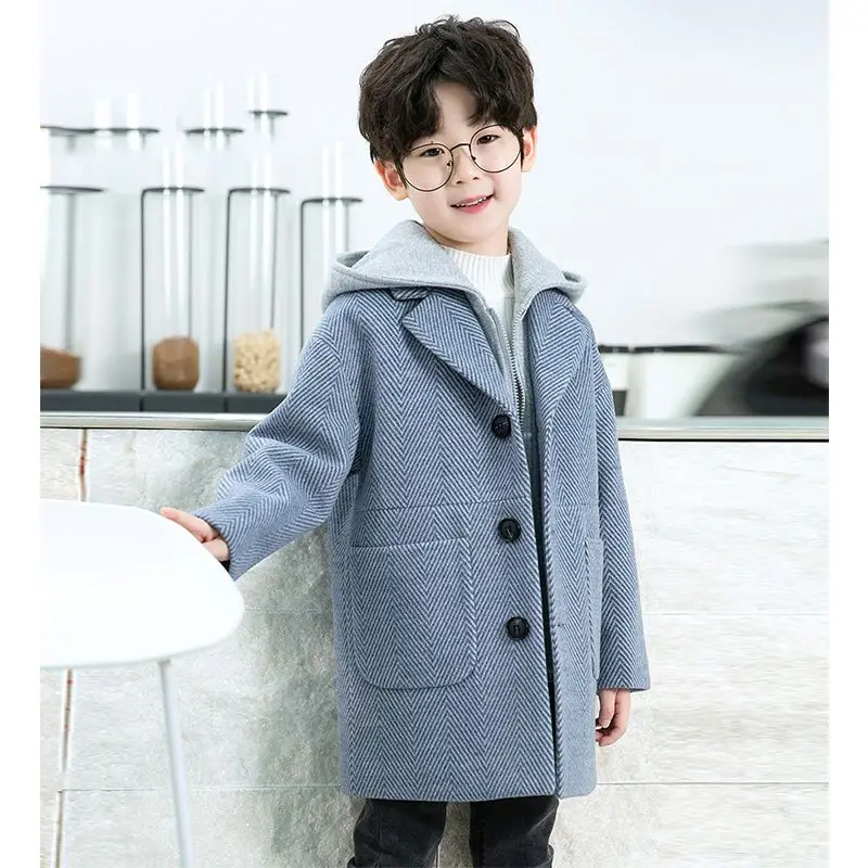 Boys Woolen Coat For Autumn Winter Fashion Hooded Patchwork Plus Cotton Warm Single Breasted Kid Clothes Outerwear Wool & Blends