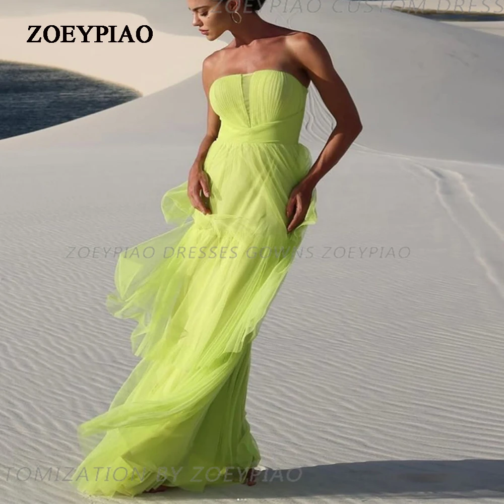 

Green Simple Sleeveless Prom Dresses Pleated Strapless Tulle Women Formal Evening Dress Special Party Gowns Bridesmaid Dress