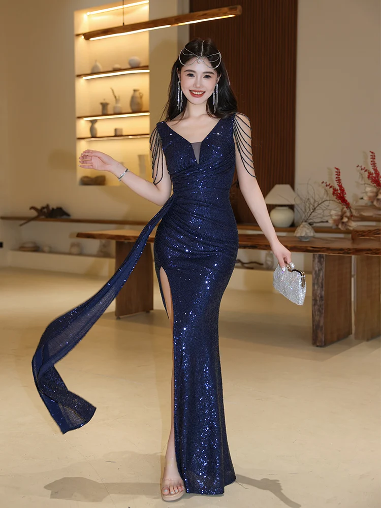 

High-End Evening Gown with Fi Tail And Tassel Heavy Work for Annual Conference Birthday Par Banquet Faionable Long Dr