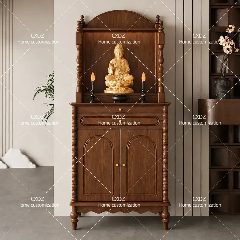 New Chinese Solid Wood Buddhist Cabinet Double Layer Offering Cabinet Classical Engraved Household Altar God of Wealth