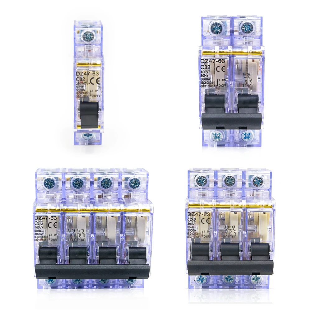 

DZ47/DZ47LE 16-63A 1P-4P Miniature Circuit Breaker DIN Rail Mount White&Transparent AC 230/400V for Home/Industrial Electrical