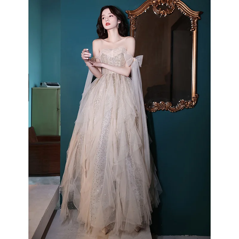 High-End Evening Dress Skirt Female Temperament Banquet Champagne Special Interest Light Luxury Birthday Party Art Exam Host