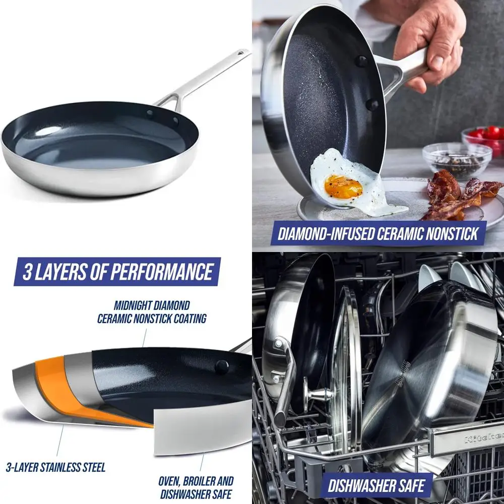 

Stainless Steel Ceramic Nonstick 11-Inch Frying Pan Skillet - Multi-Ply, PFAS-Free, Induction Compatible, Dishwasher Safe, Long-