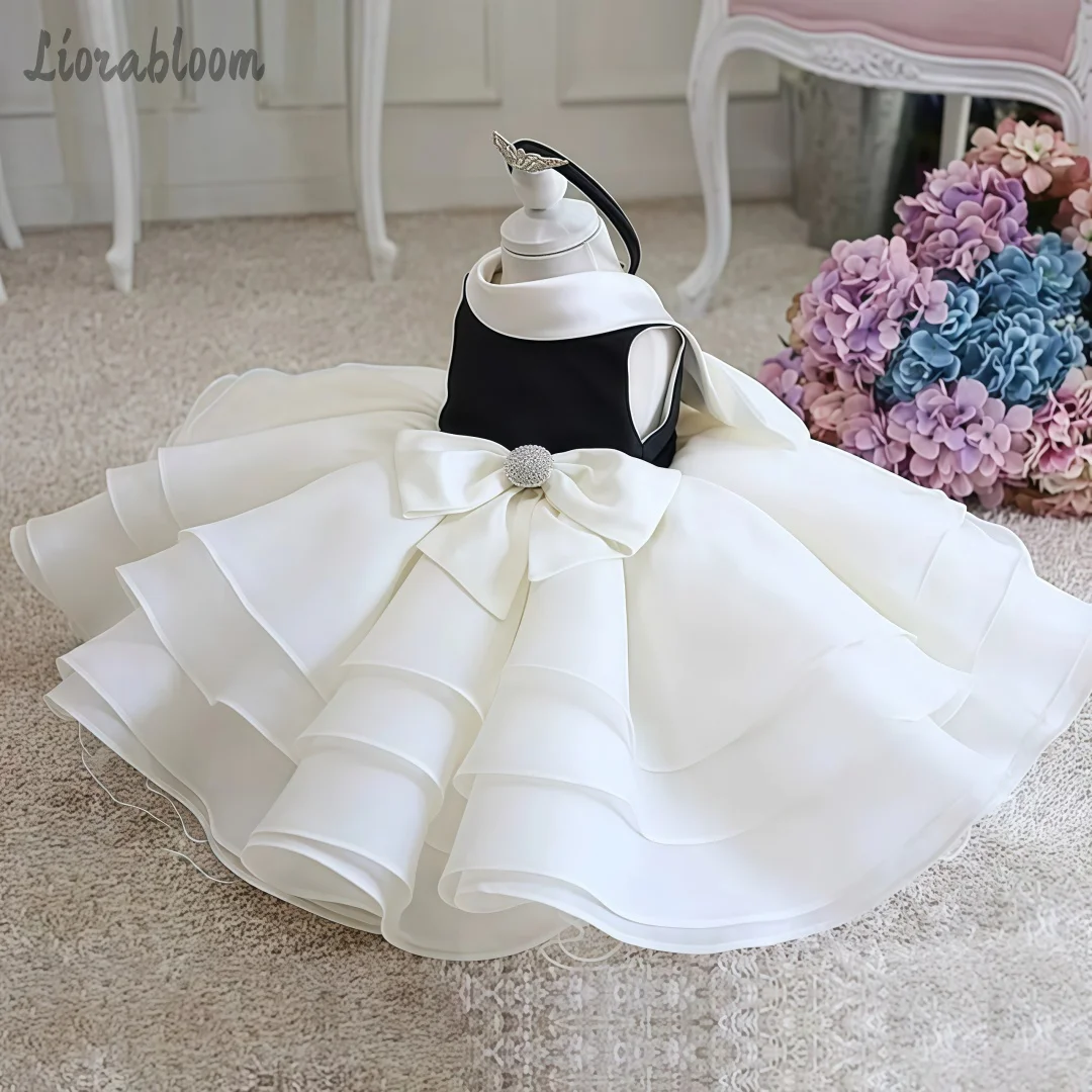 Abito Formale Semplice Bianco e Nero per Ragazze, Vestito da Sera con Gonna Ampia, Stile Principessa, Abito da Damigella, Elegante Abbigliamento Formale