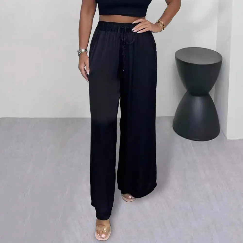 

Women Satin Pants Satin Summer Pants Elegant Satin Wide Leg Pants for Women Adjustable Drawstring Mid-rise Trousers Stylish