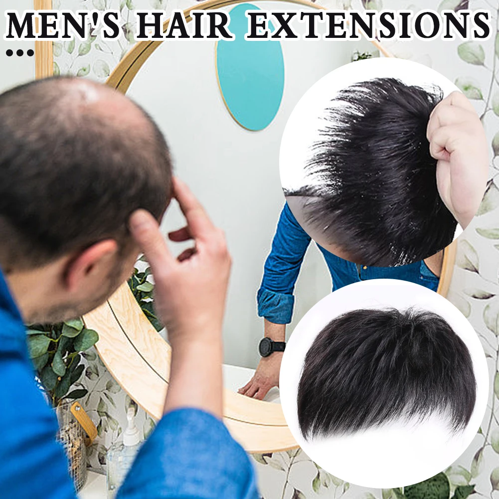 Men Clips-On Short Hair Wig Synthetic Head Top Replacement Block Natural Black Seamless Hair Patch Comfortable Hairpiece for Man