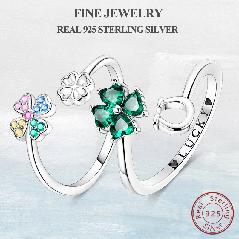 

Кольца из 100% настоящего стерлингового серебра 925 пробы, сверкающее четырехлистное клеверное регулируемое кольцо в форме подковы для женщин, подарок, свадебные ювелирные украшения