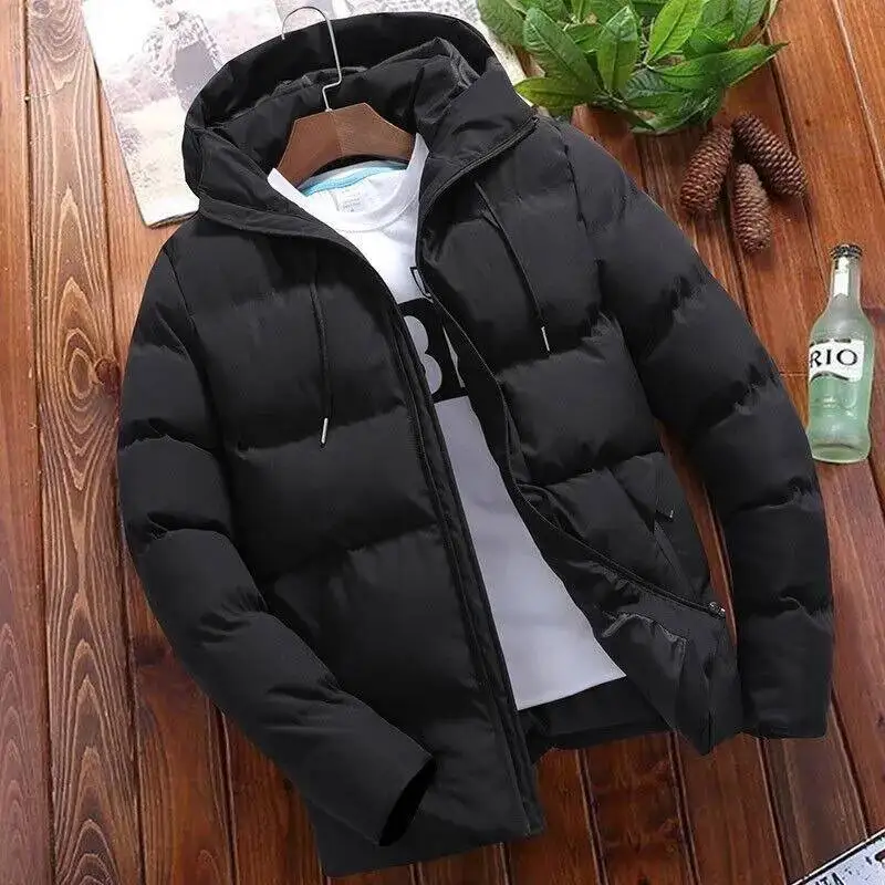 Chaqueta de algodón gruesa de invierno, abrigo de estilo coreano a la moda con capucha, abrigo informal para hombre, cierre de cremallera de color puro