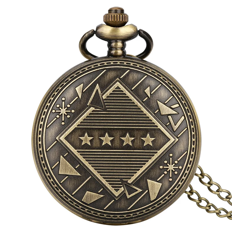 Vintage Four Stars Geometric Embossed Retro Full Hunter Quartz Pocket Watch With Necklace Pendant Chain Men Collectible Gift