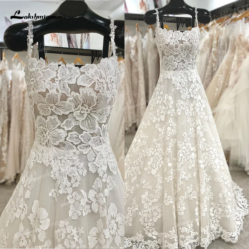 Vestido de novia de tul con encaje Floral, vestido de novia personalizado con tirantes y cuello cuadrado, vestido de novia sin espalda de princesa,