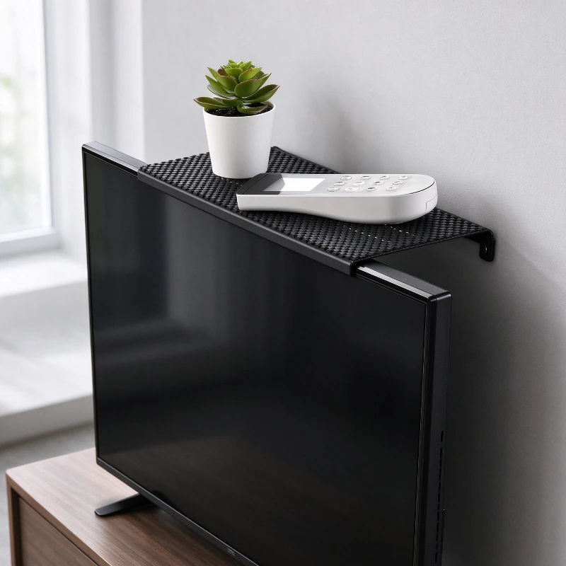 Tool Free Monitor TV Top Shelf with Open Cooling Design, No Drill Storage Platform for Media Box Accessories Small Devices