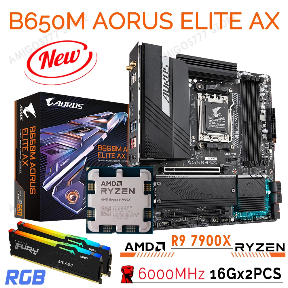 

R9 7900X Processor Kit AM5 + Gigabyte B650M AORUS ELITE AX AM5 Motherboard DDR5 + Kingston Ram DDR5 Memory 6000MHz 32GB RAM AM5