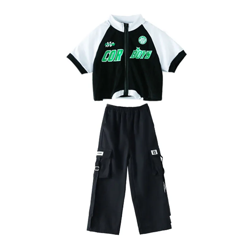 Kid Cool Hip Hop Kleidung Mock Neck Zip up T Shirt Crop Top Schwarz Strap Street Cargo Hosen für Mädchen Jazz Dance Kostüm Kleidung