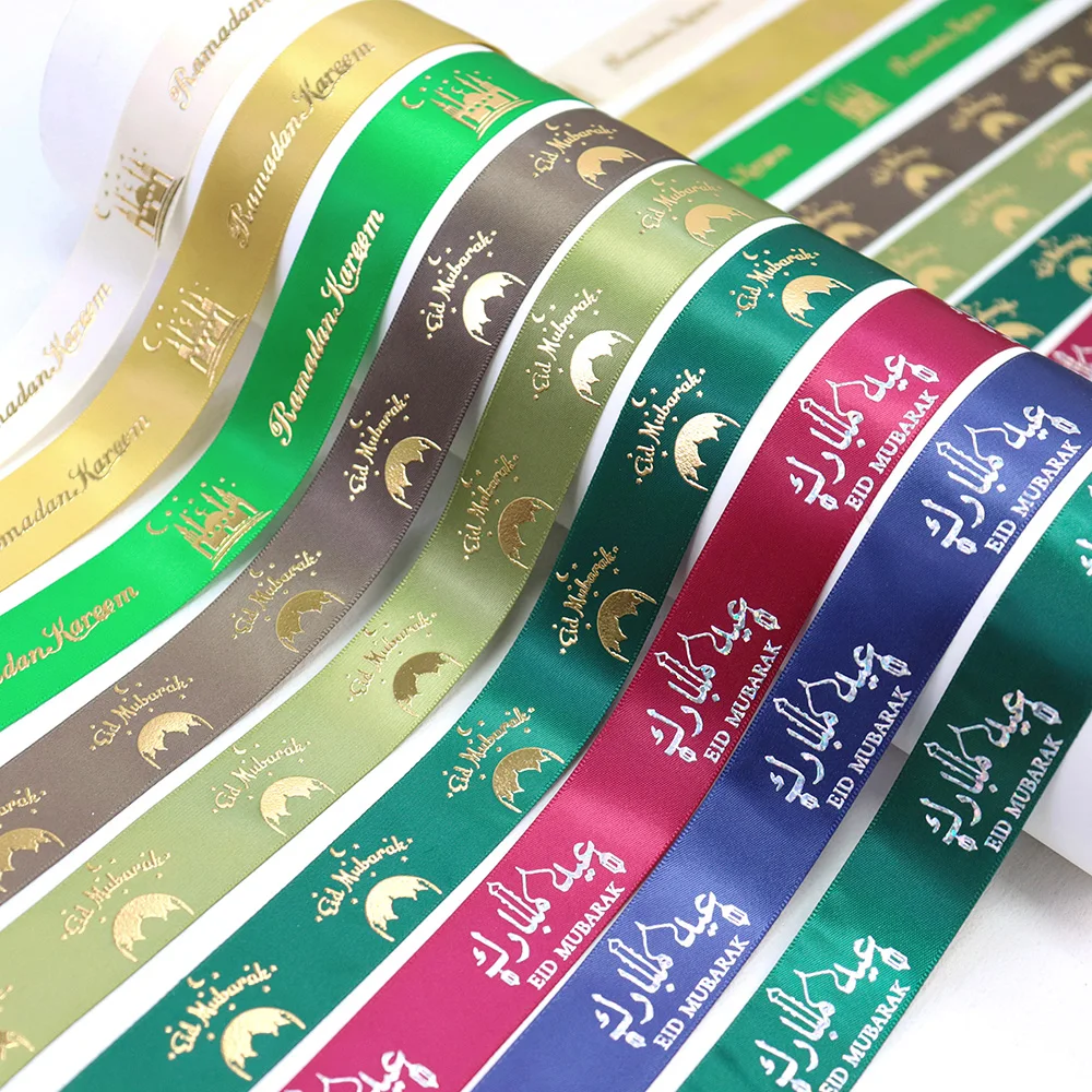 

Wholesale 25mm 38mm Gold Foil Eid Mubarak Printed Satin Ribbon For Muslim Al-Fitr Party Supplies Decoration Candy Box Packing