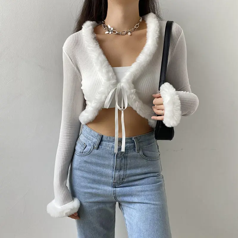 American retro fashion fluffy patchwork knit threaded tops women\'s clothing lace-up design fur collar cardigan 