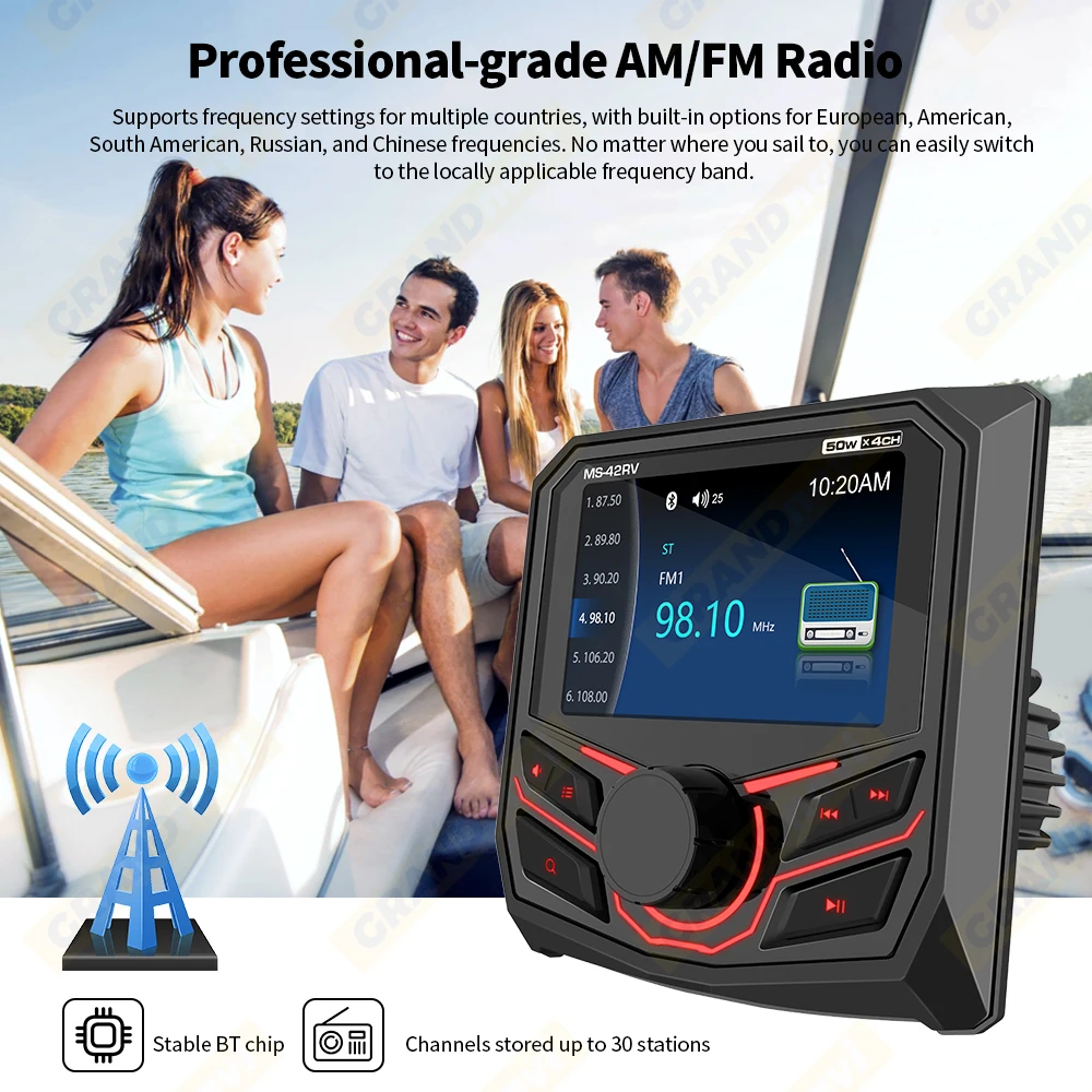 For RV Radio MP5 Player Marine Radio Boat Stereo FM AM Media Audio Player Bluetooth IPX5 Waterproof For Yacht ATV UTV Golf Cart