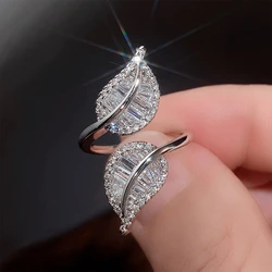 Exquisite Leaf-Shaped Zircon Open Ring Shiny Crystal CZ Engagement Rings Wedding Party Daily Wear Jewelry Gift for Women