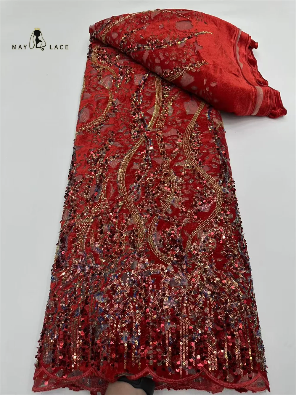 

Red Sequins Velvet Nigerian Wedding Lace Fabric High Quality Beads French Lace for Dress Making 2026 Luxury African Dress Women