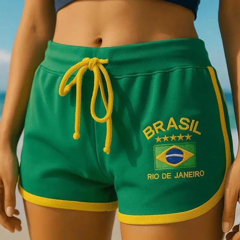 European American Streetwear Women Hot Pants Summer Brazil Letter Print Drawstring Casual 3 Length Shorts