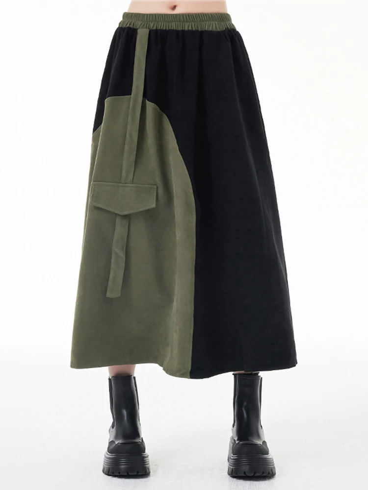 [EAM] High Elastic Waist Color-block Asymmetric Green A-line Half-body Skirt Women Fashion Tide New Spring Autumn 2024 1DH3872