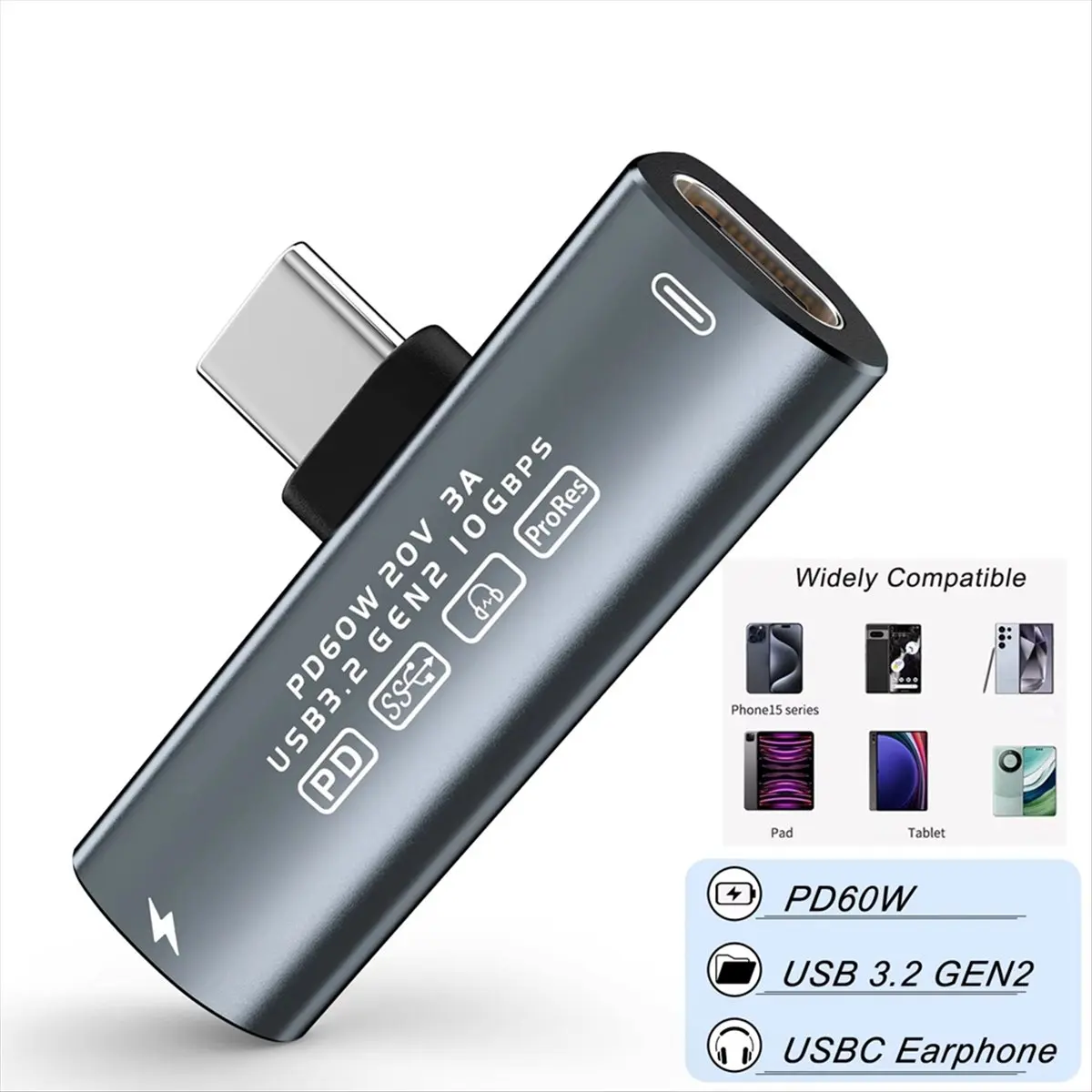 T19C 60W USB Typ C to Dual USB C Earphone Adapter USB 3.2 Gen2 10 Gbps Data OTG C to C Audio Converter for IPhone 15 S24U