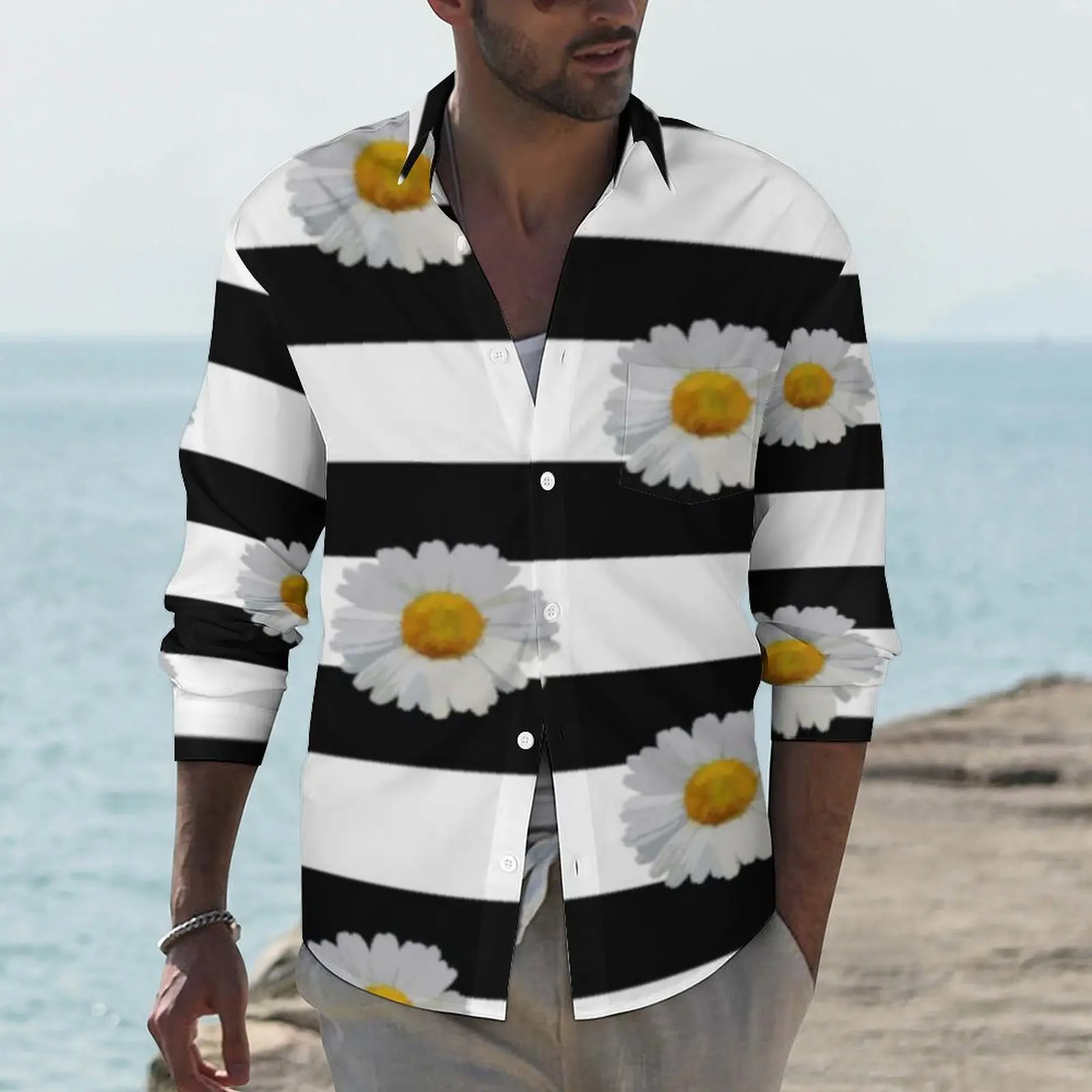 White Floral Daisies Shirt Male Black White Stripes Print Casual Shirts Spring Blouses Long Sleeve Cool Oversized Clothes Gift